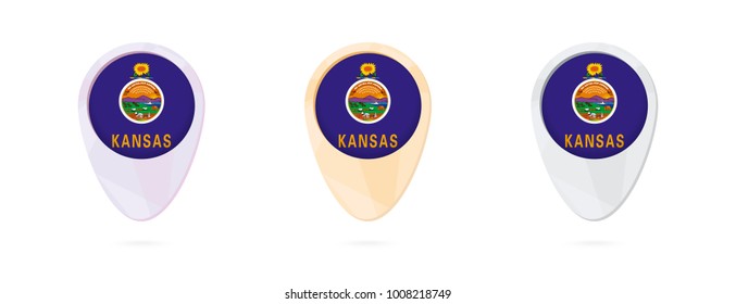 Map markers with flag of US state Kansas, 3 color versions.