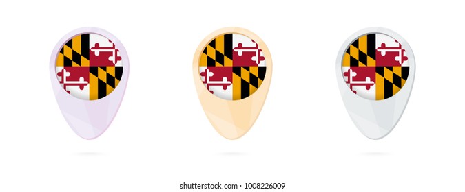 Map markers with flag of US state Maryland, 3 color versions.