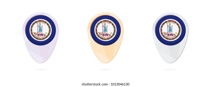 Map markers with flag of US state Virginia, 3 color versions.