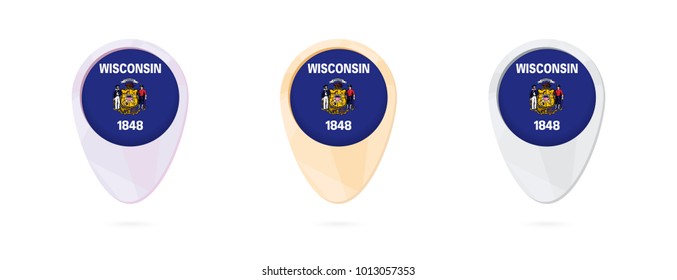 Map markers with flag of US state Wisconsin, 3 color versions.