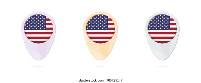 Map markers with flag of USA, 3 color versions.