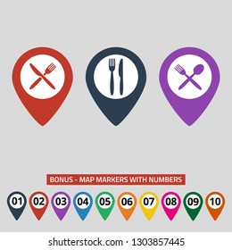 Map markers with fork spoon and knife. Vector illustration