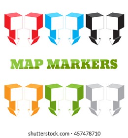 Map markers in form of large squares in isometric view. Set pins