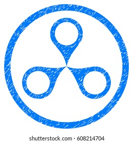 Map Markers grainy textured icon inside circle for overlay watermark stamps. Flat symbol with dirty texture. Circled dotted vector blue ink rubber seal stamp with grunge design on a white background.