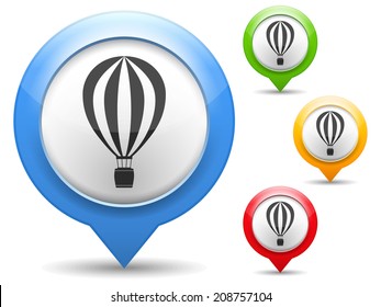 Map markers with hot air balloon icon, vector eps10 illustration