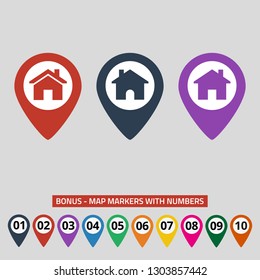 Map markers with house on grey background. Vector illustration