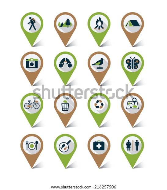 Map markers icons set : Nature & Eco, Trips\
& Travel