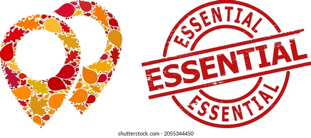 Icono de mosaico de Map Markers hecho para la temporada de otoño y sello de goma esencial. El mosaico de marcadores de mapa vectorial se forma a partir de hojas de arce y roble de caída al azar.