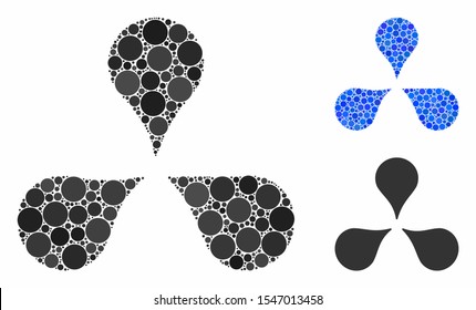 Map markers mosaic of round dots in various sizes and shades, based on map markers icon. Vector round dots are organized into blue collage. Dotted map markers icon in usual and blue versions.
