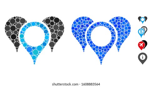 Map markers mosaic of round dots in variable sizes and color tints, based on map markers icon. Vector dots are united into blue mosaic. Dotted map markers icon in usual and blue versions.