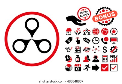 Map Markers pictograph with bonus images. Vector illustration style is flat iconic bicolor symbols, intensive red and black colors, white background.