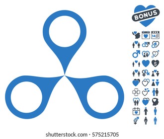 Map Markers pictograph with bonus romantic symbols. Vector illustration style is flat rounded iconic smooth blue symbols on white background.