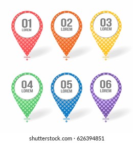 Map markers, pointers icons with blank place for text. Colorful set of symbols for maps, applications, web, tourism. Vector