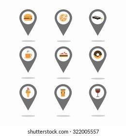 Map markers with restaurant and cafe sign icons, with tasty food, Can be used for mark places with food in the city, Flat vector illustration