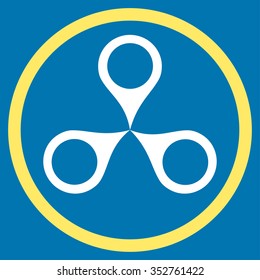 Map Markers vector icon. Style is bicolor flat circled symbol, yellow and white colors, rounded angles, blue background.