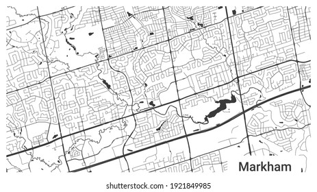 Map of Markham city, Ontario, Canada. Horizontal background map poster black and white land, streets and rivers. 1920 1080 proportions. Royalty free grayscale graphic vector illustration.