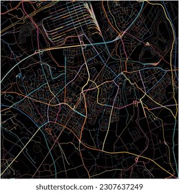 Map of Marl, North Rhine-Westphalia with all major and minor roads, railways and waterways. Colorful line art on black background.