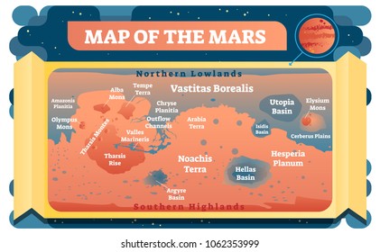 Map of the mars, vector illustration. Red planet navigation poster. Astronomy and future space travel.