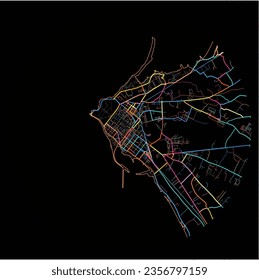 Mapa de Marsala, Sicilia con todas las carreteras principales y menores, ferrocarriles y vías fluviales. Coloridas líneas de arte sobre fondo negro.