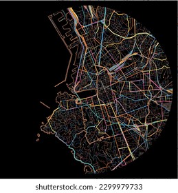 Mapa de Marsella, Bouches-du-Rhône con todas las carreteras principales y menores, ferrocarriles y vías fluviales. Coloridas líneas de arte sobre fondo negro.