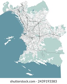 Mapa de Marsella, Francia. Mapa vectorial detallado de la ciudad, área metropolitana. Mapa urbano con carreteras y agua.