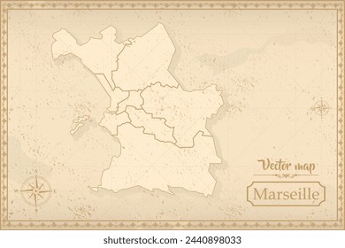 Karte von Marseille im alten Stil, braune Grafik im Retro-Fantasy-Stil. Stadt in Frankreich.