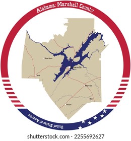 Map of Marshall county in Alabama, USA arranged in a circle.