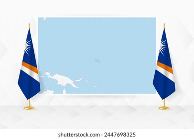 Map of Marshall Islands and flags of Marshall Islands on flag stand. Vector illustration for diplomacy meeting.