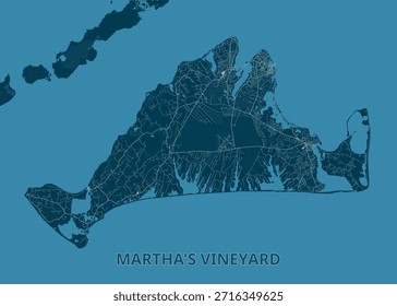 Mapa de Martha's Vineyard, en tonos azules. La forma de la isla está claramente definida, con detalles intrincados de carreteras y vías fluviales visibles.