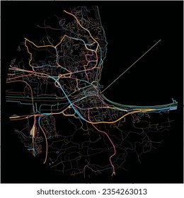 Mapa de Martigues, Bouches-du-Rhône con todas las carreteras principales y menores, ferrocarriles y vías fluviales. Coloridas líneas de arte sobre fondo negro.