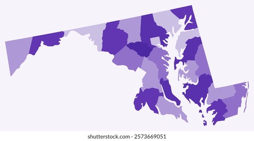Map of Maryland with counties. Just a simple state border map with county division. Deep purple color palette. Plain State of Maryland shape with administrative division. Vector illustration.