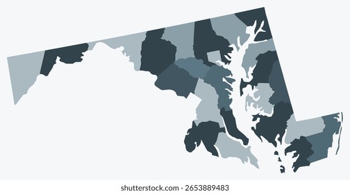 Mapa de Maryland com condados. Apenas um simples mapa da fronteira do estado com a divisão do condado. Paleta de cores cinza azul. Estado simples de Maryland em forma com divisão administrativa. Ilustração vetorial.