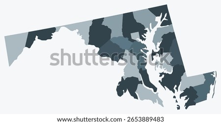 Map of Maryland with counties. Just a simple state border map with county division. Blue grey color palette. Plain State of Maryland shape with administrative division. Vector illustration.