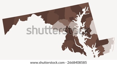 Map of Maryland with counties. Just a simple state border map with county division. Brown color palette. Blank State of Maryland shape with administrative division. Vector illustration.