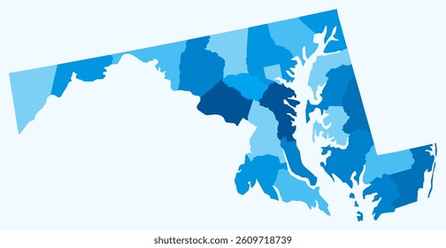 Map of Maryland with counties. A simple state border map with county divisions in a light blue color palette. Vector illustration.