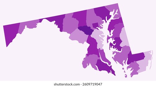 Map of Maryland with counties. A simple state border map with county divisions in a purple color palette. Flat design vector illustration.