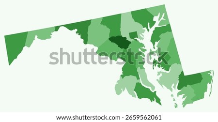 Map of Maryland with counties. A simple state border map with county divisions. Green color palette. Plain State of Maryland shape with administrative division. Vector illustration.