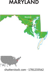 Map of Maryland. The map depicts the state capitals, major cities and highways.