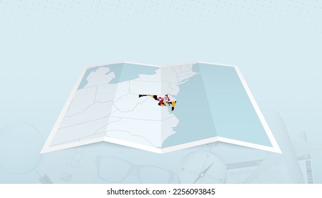Map of Maryland with the flag of Maryland in the contour of the map on a trip abstract backdrop. Travel illustration.