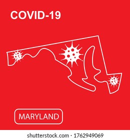 Map of Maryland State labeled "COVID-19". White outline map on a red background. Vector illustration of a virus, coronavirus, epidemiology.