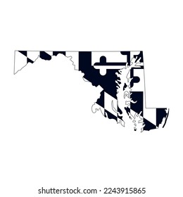 Map of the Maryland state with the official flag in white and black colors isolated on white background. Vector illustration