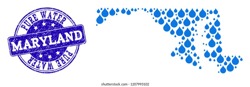 Map of Maryland State vector mosaic and Pure Water grunge stamp. Map of Maryland State composed with blue water raindrops. Seal with retro rubber texture for pure drinking water.