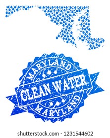 Map of Maryland State vector mosaic and clean water grunge stamp. Map of Maryland State composed with blue water raindrops. Seal with grunge rubber texture for clean drinking water.