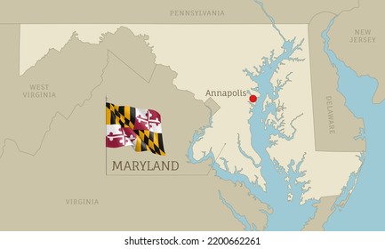 Map of Maryland USA federal state with waving flag. Highly detailed editable map of Maryland state with territory borders and Annapolis capital city realistic vector illustration