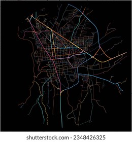 Map of Masaya, Masaya with all major and minor roads, railways and waterways. Colorful line art on black background.