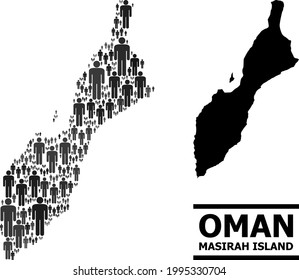 Map of Masirah Island for demographics doctrines. Vector demographics abstraction. Abstraction map of Masirah Island done of man pictograms. Demographic scheme in dark grey color tinges.
