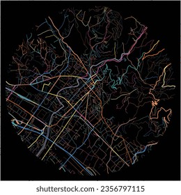Mapa de Massa, Toscana con todas las carreteras principales y menores, ferrocarriles y vías fluviales. Coloridas líneas de arte sobre fondo negro.