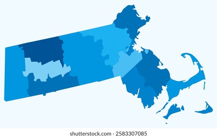 Map of Massachusetts with counties. Just a simple state border map with county division. Light blue color palette. Blank Commonwealth of Massachusetts shape with administrative division.