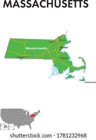 Map of Massachusetts. The map depicts the state capitals, major cities and highways.
