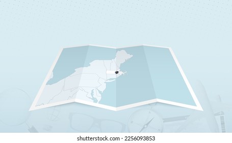 Map of Massachusetts with the flag of Massachusetts in the contour of the map on a trip abstract backdrop. Travel illustration.